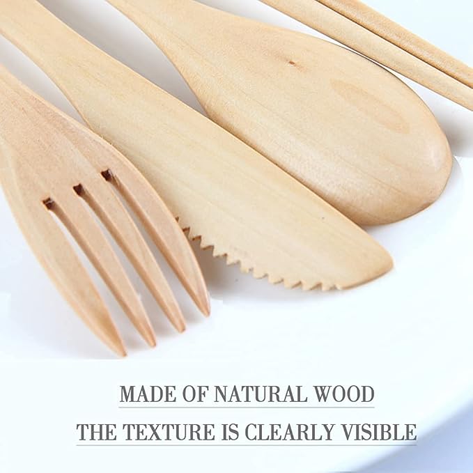 Wooden Cutlery Set Portable, Wooden Flatware,4 Piece Pack of Wooden Utensils Sets with Reusable Wood Spoon Chopsticks Fork Knife Cutlery Set for Travel and Camping