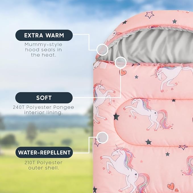 Wake In Cloud - Kids Sleeping Bag for Girls Toddlers, Camping in Warm Cold Weather, Backpacking Lightweight Compact Outdoor Liner for 3 Seasons, Unicorns Stars Hearts