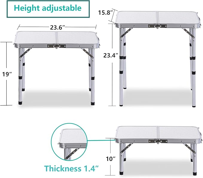 YihuiKo Folding Camping Table with Adjustable Height, 23.6" x 15.8" Portable Lightweight Tables with Aluminum Legs for Outdoor Camp, Picnic, Beach, Backyard, Tailgate Cooking, 3 Heights