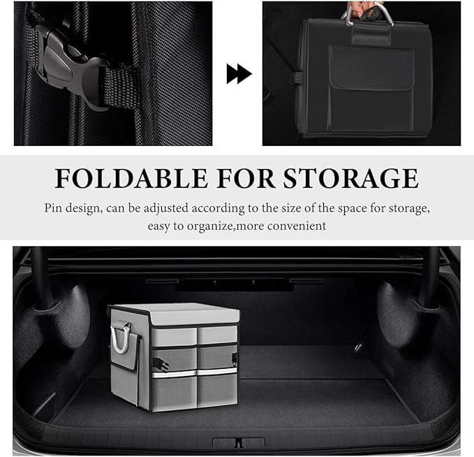 Trunk Organizer with Lid, 28L Collapsible Cargo Organizer with Aluminum Handles & Reflective Strip, Multi-Purpose Waterproof Oxford Storage Box for Cars Trucks SUVs Minivans (Gray)