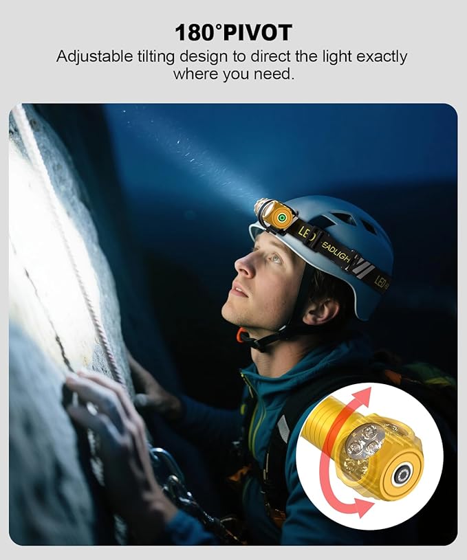 High Lumens LED Rechargeable Headlamp for Adults - Hard Hat Light Running Head Lamp with Red Light, Magnet, 180° Tilt, 7 Modes, Detachable Flashlight & Headband, Outdoor, Emergency 1PC, Gold