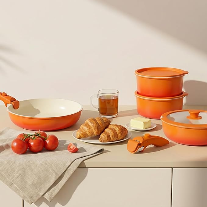 GiPP 5PCS Pots and Pans Set Non Stick, Nonstick Cookware Set Detachable Handle, Ceramic Pots for Cooking Non Stick with Removable Handle, RV Cookware Set for All Stoves, Orange Gradien