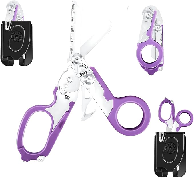 Heavy Duty Stainless Steel Emergency Response Multi-Functional Trauma Shears - Foldable, Survival Shears With Holster - Purple