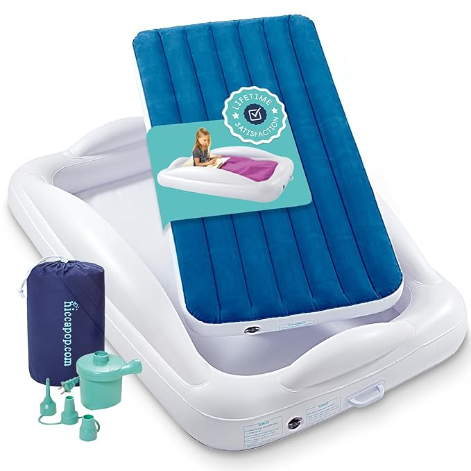 Hiccapop Inflatable Toddler Travel Bed with Safety Bumpers [4-Sided] | Portable Toddler Bed for Kids | Toddler Air Mattress | Kids Air Mattress - Navy Blue