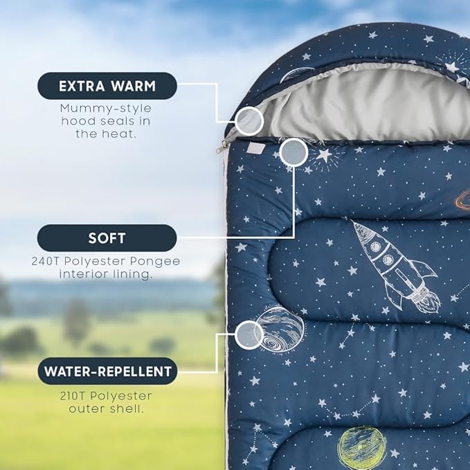 Wake In Cloud - Kids Sleeping Bag for Boys Toddlers, Camping in Warm Cold Weather, Backpacking Lightweight Compact Outdoor Liner for 3 Seasons, Space Stars Rockets Galaxy