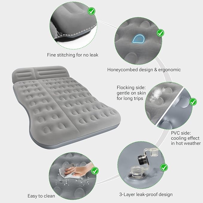 SUV Air Mattress,Thickened Flocked Camping Bed for Car,Includes Electric Pump & 2 Foot Pedals,Portable Inflatable car Mattress (Gray)