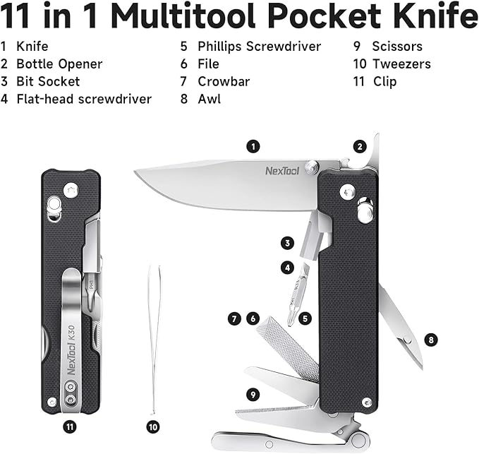 NexTool Knight K30 Axis Lock Folding Pocket Knife, 11-in-1 Multitool with 2.76" 14C28N Steel Blade EDC Knife and G10 Handle, Crossbar Lock Knives for EDC, Camping, Hiking, Survival, Gifts for Men