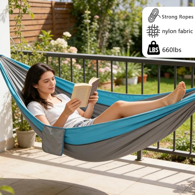 Camping Hammock, Portable Hammocks with Tree Straps & Attached Carry Bag, Travel Tree Hammocks for Outside Indoor Hiking Beach Backpack Travel(Gray, Nylon)