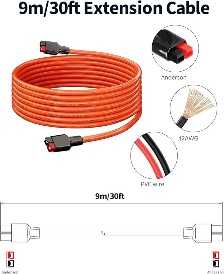 Tonton 12AWG 30FT Anderson Extension Cable, Solar Power Extension Cord with Anderson Connector for Goal Zero Yeti Portable Power Station Solar Generator Jackery 100W Renogy Boulder 200 Solar Panel