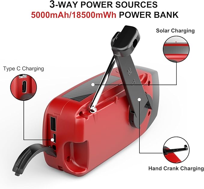 18500mWh Weather Emergency Radio, Portable Solar AM/FM/NOAA Hand Crank Radio, Cell Phone Charger with SOS, 1W LED Flashlight, Headphone Jack, Power for Emergency Preparedness (5000mAh Red)