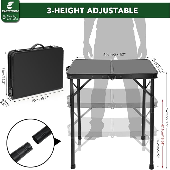 E EASTSTORM Small Metal Folding Table 3 Adjustable Heights, 23.6''×15.7''×27'' Heavy-Duty Portable Picnic Table for Outdoor Camping, Garden, Patio, Grill, BBQ, Party, 2Ft (Small, Black)