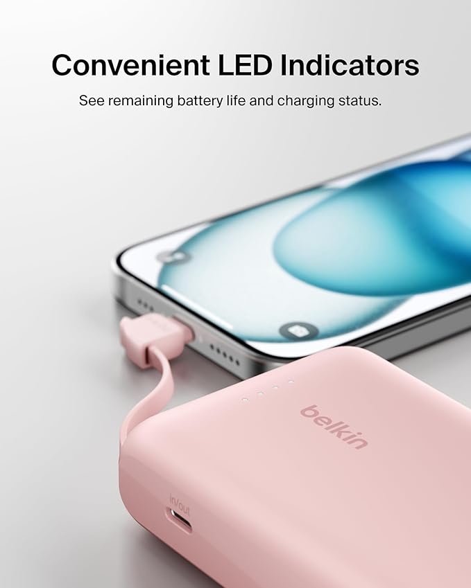 Belkin Portable Charger Power Bank USB C, 10000 mAh w/Integrated Cable, 20W Fast Charge USB-C Power Delivery, iPhone Charger, Apple iPhone 17, Air, Pro, Pro Max, iPad, Samsung Galaxy S25 - Pink