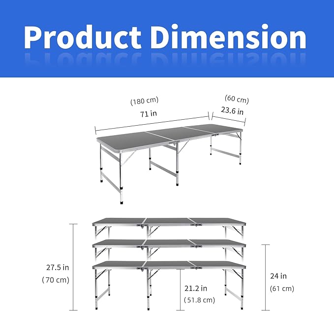Moosinily Camping Table 6FT Folding Table Large 3 Adjustable Height Portable Picnic Camp Aluminum Outdoor Table Picnic BBQ Black