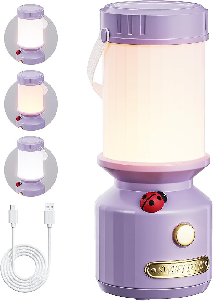 HOMY Ladybug Rechargeable Camping Lantern for Kids, 3-Color Dimmable LED, Tent Hook & Handle, Small Portable USB Safe Night Light for Outdoor/Kids Camping Gear