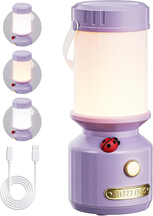 HOMY Ladybug Rechargeable Camping Lantern for Kids, 3-Color Dimmable LED, Tent Hook & Handle, Small Portable USB Safe Night Light for Outdoor/Kids Camping Gear