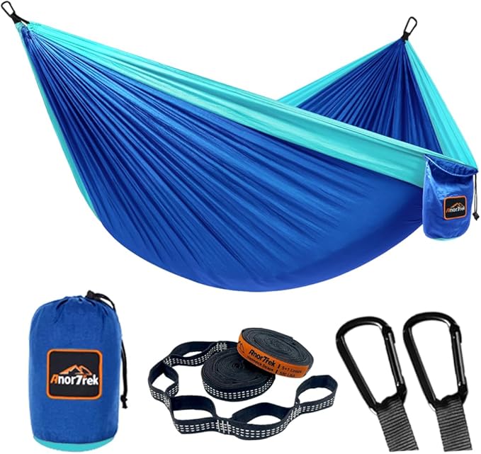 AnorTrek Camping Hammock, Super Lightweight Portable Parachute Hammock with Two Tree Straps Single or Double Nylon Travel Tree Hammocks for Camping Backpacking Hiking