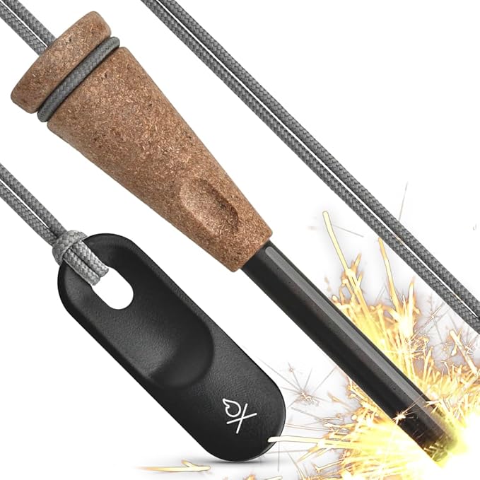 Überleben | Zünden PRO Ferro Rod Fire Starter Survival Tool – Up to 15,000 Strikes, 3/8" Thick Fire Steel with Wood Handle, Striker & Lanyard – Waterproof Camping Essentials (Black Top)