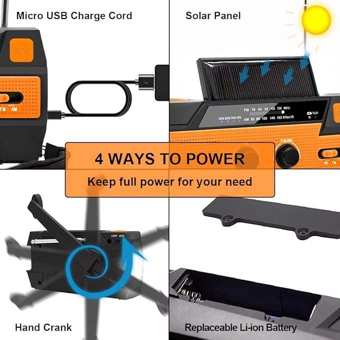 NPET Emergency Solar Hand Crank Radio, AM/FM/NOAA Portable Weather Radio for Hurricane Season,with 1W LED Flashlight,Cell Phone Charger,Motion Sensor Reading Lamp