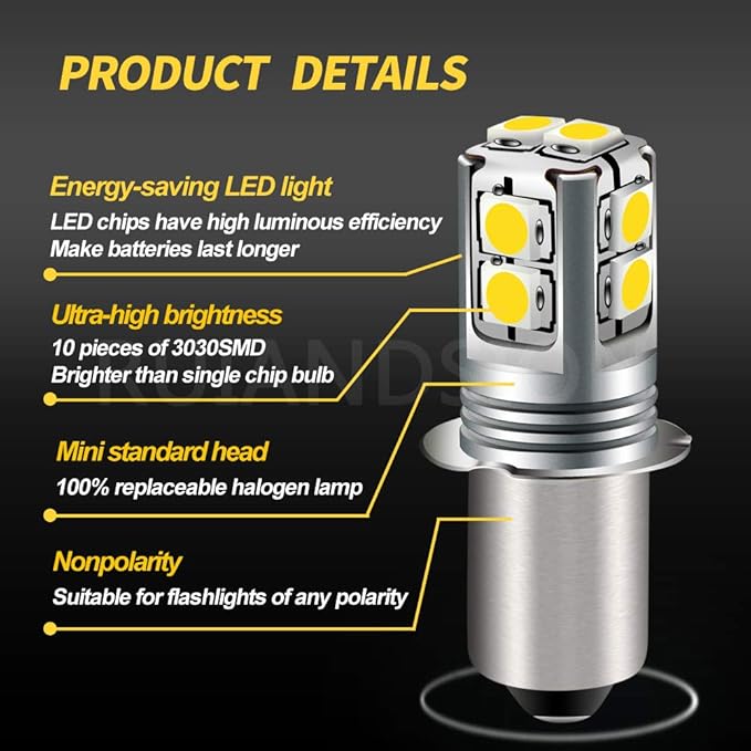 Ruiandsion White P13.5S LED Flashlight Bulb, 6-40V Universal Upgrade (6V/9V/12V/18V/19.2V/24V) Non-Polarity Replacement for Flashlight, Torch, Lantern & Work Light