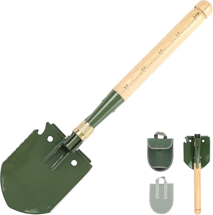 MASTIFF GEARS Folding Survival Shovel - Wooden Handle, Heavy Duty Carbon Steel Military Entrenching Tool for Camping, Off Road, Beach & All-Terrain Digging (Classic w/Pick)