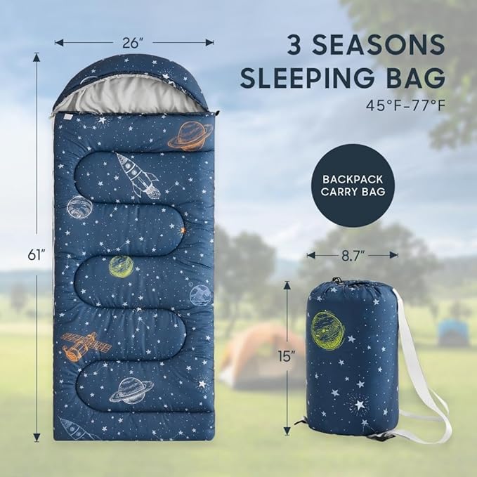 Wake In Cloud - Kids Sleeping Bag for Boys Toddlers, Camping in Warm Cold Weather, Backpacking Lightweight Compact Outdoor Liner for 3 Seasons, Space Stars Rockets Galaxy