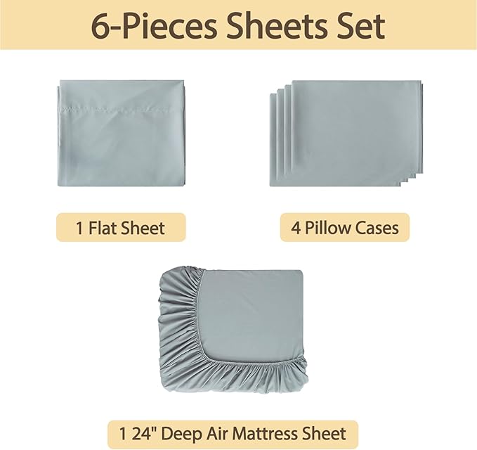 Air Mattress Sheet Set Queen Size,6 Piece Deep Pocket Bed Sheet Set for 16-24 Inch Air Bed,Easy Inflate Access,Perfect for Guest Room, RV, Camping,Gray