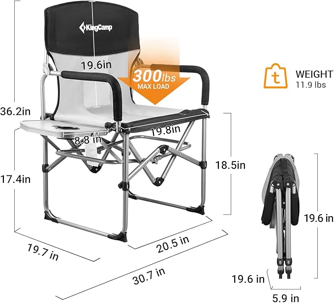 KingCamp Camping Chairs, Directors Chairs Foldable with Side Table, Heavy Duty Patio Chairs for Outside with Small Folding Size for Camp, Patio, Lawn, Garden, Beach, Trip, Easy Carry