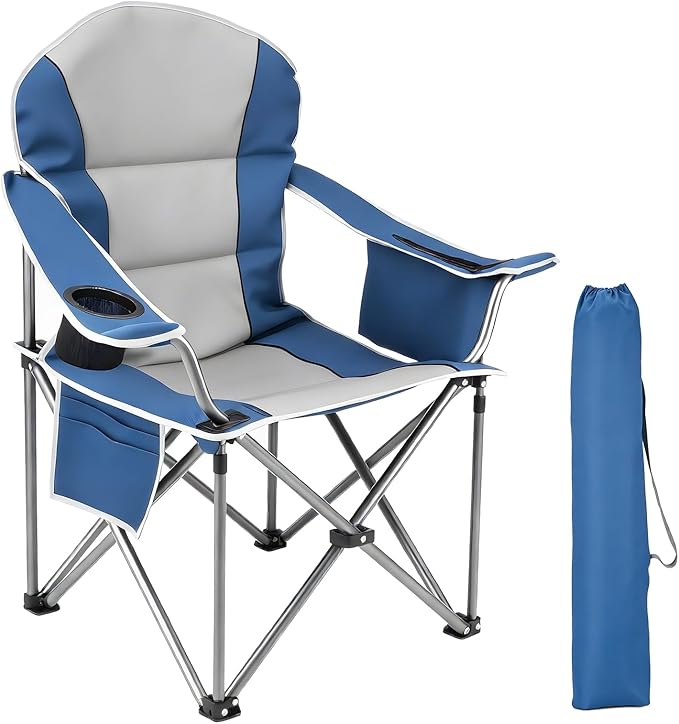 NEWBULIG Oversized Folding Camp Chair for Adults, 500 LBS Heavy Duty Support, Portable Outdoor Collapsible Chairs, with Cup Holders, Side Cooler & Pockets, for Lawn, Beach, Fishing, Hiking, Blue