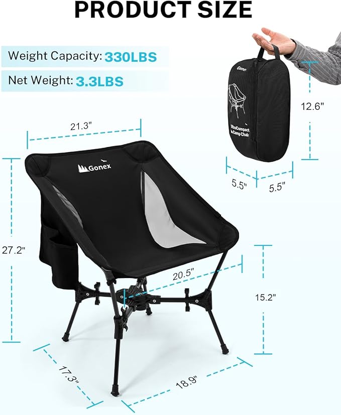 Gonex Portable Camping Chair, The 5th Gen Ultralight Compact Backpacking Foldable Lightweight Folding Chair for Outdoor Camp Hiking Beach Picnic Concert, Supports 330lbs (Black, 2 PCS)