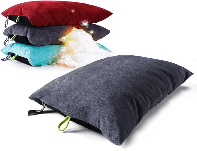 ZOOOBELIVES Down Filled Camping Pillow for Travel, Washable Soft Cover, Small Camp Cushion for Neck & Lumbar Support On-The-Go, Ultralight & Compressible for Hiking Backpacking - AlpliveS2046