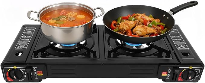 Portable Camping Stove｜24,000 BTU Dual Burner Gas Grill w/Removable Case｜Compact 24.8" Outdoor Cooker for RV Tailgating｜Stainless Steel 2-Burner Propane Stove