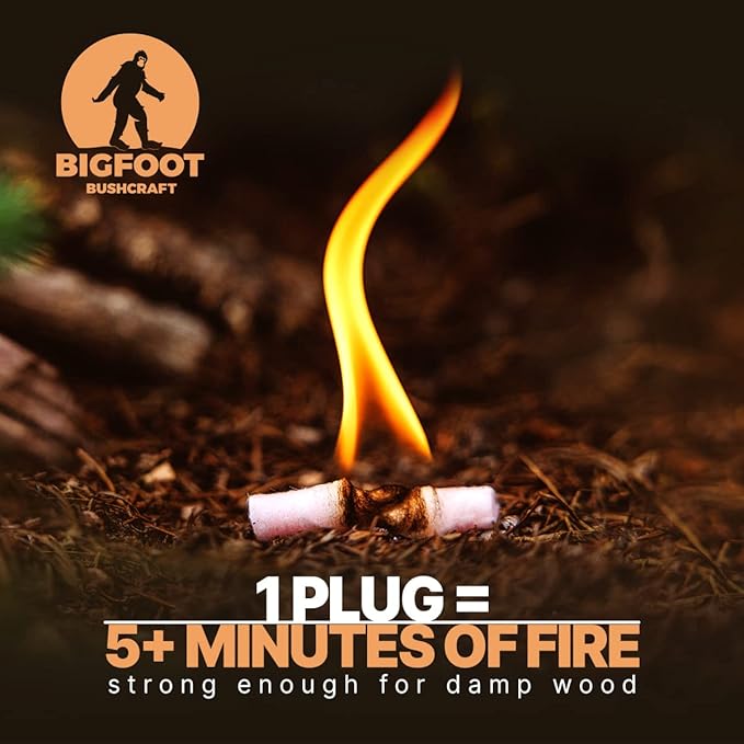 Bigfoot Bushcraft Complete Mini Fire Starting Kit - Waterpoof, Windproof, 5+ Minute Burn - Includes 16 Fire Plugs, Hinged Travel Tin, and Mini Ferro Rod Set