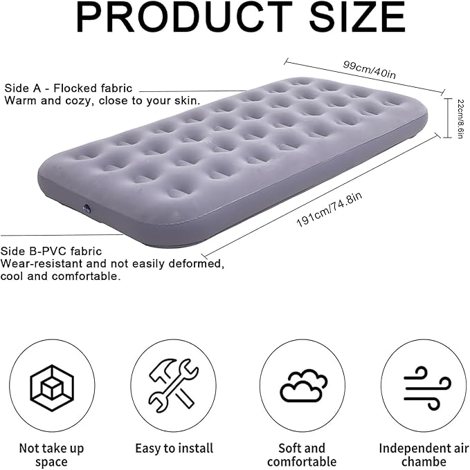 Onirii Twin Size Single Camping Air Mattress Bed with Air Pump,75"x 39"Thickened Portable Inflatable Mattress Blow Up Air Mattress,Travel Sleeping Bed Pad for Camping Home Hiking(Gray)