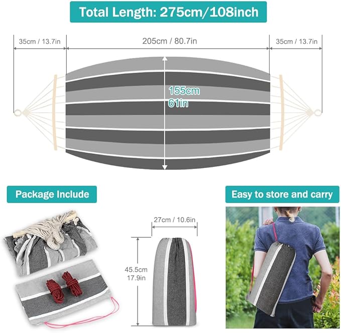 MOSFiATA Hammocks Portable Camping Hammock Upgraded 550lb Comfortable Fabric Hammock with Two Anti Roll Balance Beam and Sturdy Tree Straps for Camping, Patio, Backyard, Outdoor（Grey）