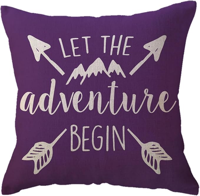 ULOVE LOVE YOURSELF Adventure Arrow Throw Pillow Covers Mountain Forest Pillowcases 18 x 18 Inch Let The Adventure Begin Decorative Cushion Covers for Cabin/Camper (Purple)