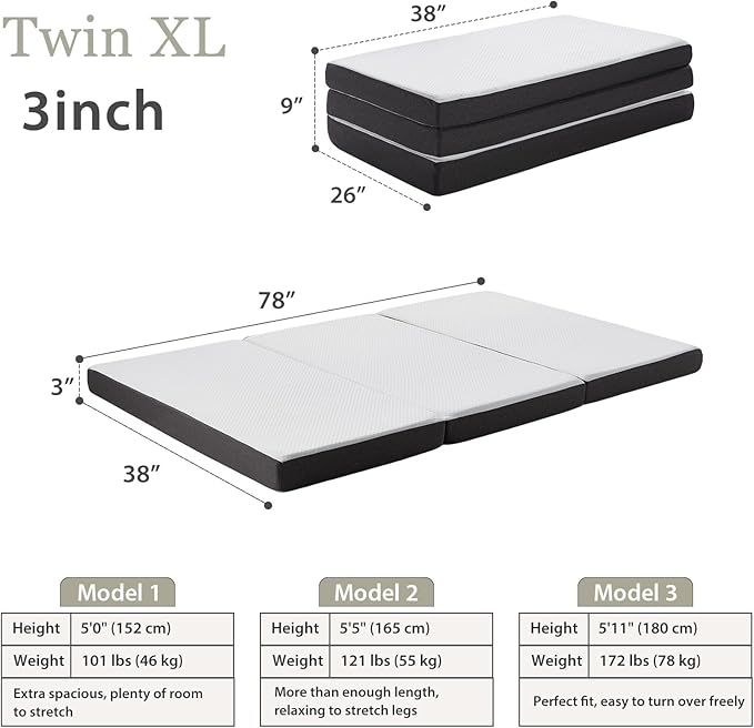 Tri Fold Memory Foam Foldable Mattress Twin XL, 3 inch Folding Mattress for Guest Sleep. Portable Trifold Mat with Removable Washable Cover, Floor Sleeping Mat for Adult and Kid