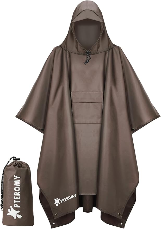 PTEROMY 3-in-1 Hooded Rain Poncho for Adult with Pocket, Waterproof Lightweight Unisex Raincoat for Hiking Camping Emergency
