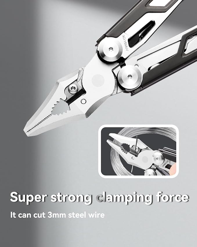 Multitool 15-in-1 Stainless Steel Multi Tool Pliers with Knife, Spring-Action Pliers and Scissors, Multitool for Survival, Camping, Hiking, Gifts for Men (Black)