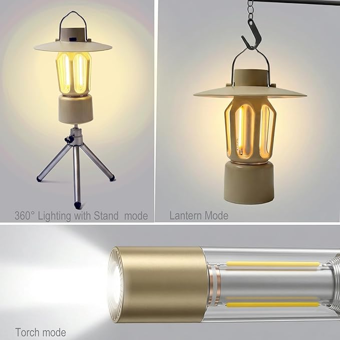 Retro Rechargeable Mini LED Camping Lantern, 400LM 2000mAh, IPX4 Waterproof with Stand/Magnetic Base/Hook, 5 Light Modes, Rechargeable Vintage Small Lantern for Camping, Hiking, Power Outages, Gifts