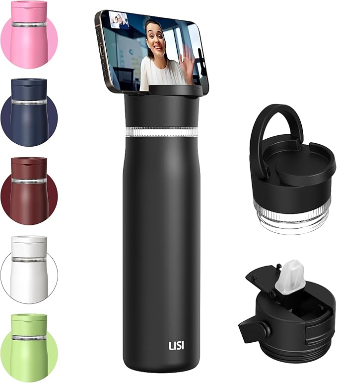 LISI 24oz Insulated Water Bottle, Double Wall Stainless Steel Water Bottles with Straw, 100% Leak-Proof Travel Thermal Canteen Mug with 2 Lids (Straw, Phone Holder Lid)