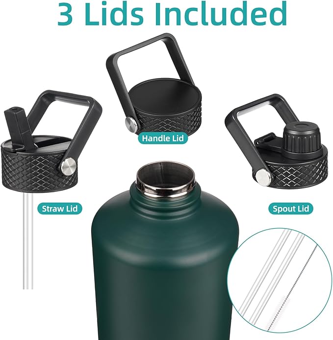 Konokyo Gallon Insulated Water Bottle with Straw,128 oz 3 Lids Water Jug with Carrying Bag,Paracord Handle, Double Wall Vacuum Stainless Steel Metal Flask,Dark Green