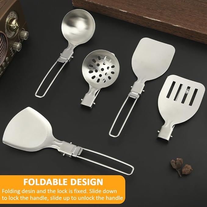 Kakalote Camping Kitchen Utensil Set,5Pcs Stainless Steel Portable Folding Outdoor Cooking Utensil,Camping Utensils Set,Camping Cooking Utensils,for RV Car,Tent Campers,Outdoor Picnics BBQ