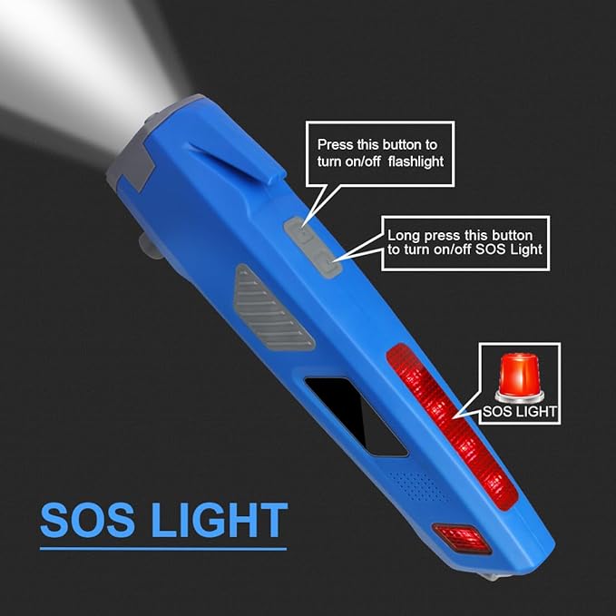 LUXON 8-in-1 Car Emergency Escape Safety Tool Kit:Window Breaker,Seat Belt Cutter,LED Flashlight,Rescue Tool USB Charger,Sire Blink Light, Hand Cranking Charge,Magnetic for Vehicle Escape(Blue)