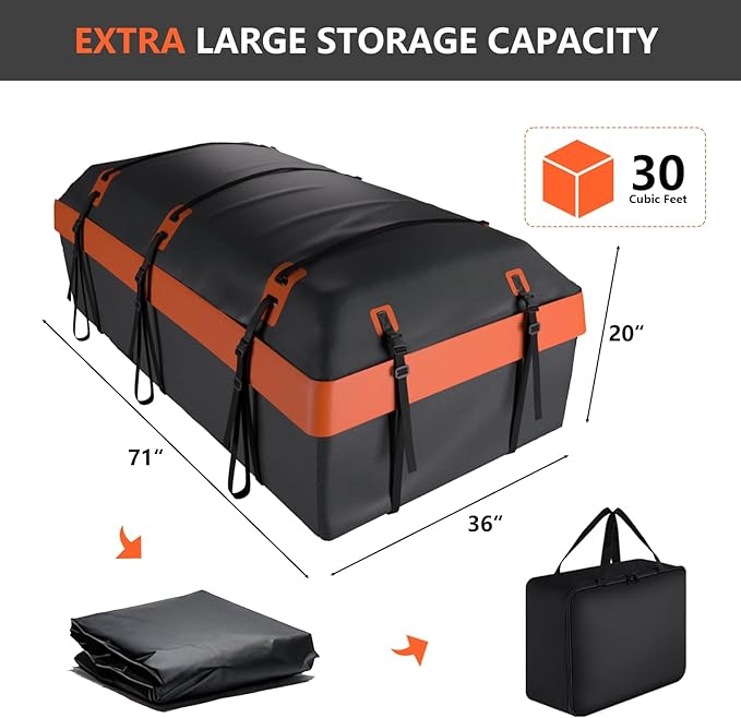 Car Rooftop Cargo Carrier Bag, 30 Cubic Feet Waterproof Car Roof Cargo Carrier Bag for All Vehicle with/Without Rack, Include Anti-Slip Mat, 2 Reinforced Straps, 6 Door Hooks and Luggage Lock