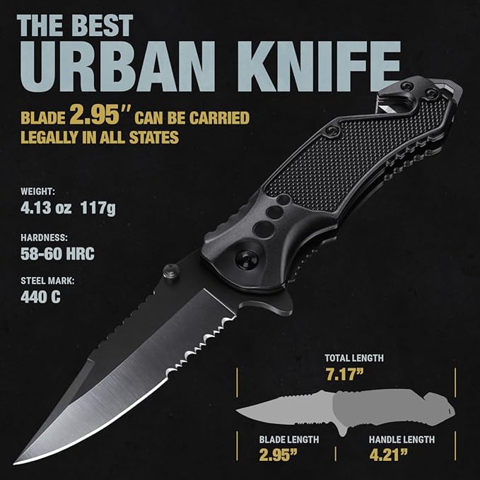 GOOD WORKER Legal Pocket Knife with 2.95” Serrated Blade, Glass Breaker, Seat Belt Cutter - EDC Sharp Folding Knives with Portable Clip - Small Tool for Tactical Camping Survival Hiking - Gifts for Men, Women