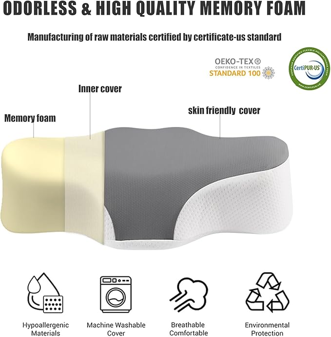 Bespilow Travel Pillow for Sleeping - Memory Foam Cervical Neck Support Pillow for Pain Relief, Camping Pillows for Side, Back and Stomach Sleepers, Cool Cover & Storage Bag for Backpacking,Road Trip