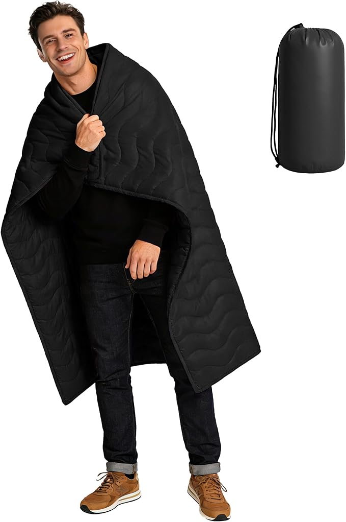 Camping Blanket Ultralight, 3 Season Waterproof & Windproof, Packable Outdoor Blanket for Camping, Hiking, Backpacking, Hammock,Stadium, Picnics（Black）