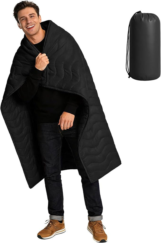 Camping Blanket Ultralight, 3 Season Waterproof & Windproof, Packable Outdoor Blanket for Camping, Hiking, Backpacking, Hammock,Stadium, Picnics（Black）