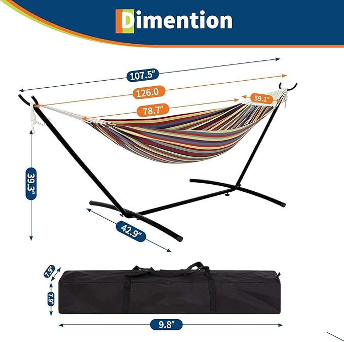 TrailBlaze Double Person Heavy Duty Hammock with Space-Saving Steel Stand, 450lb Capacity, Portable Carrying Case, Premium Balance Beams, Indoor/Outdoor Use - Yellow Rainbow Stripes