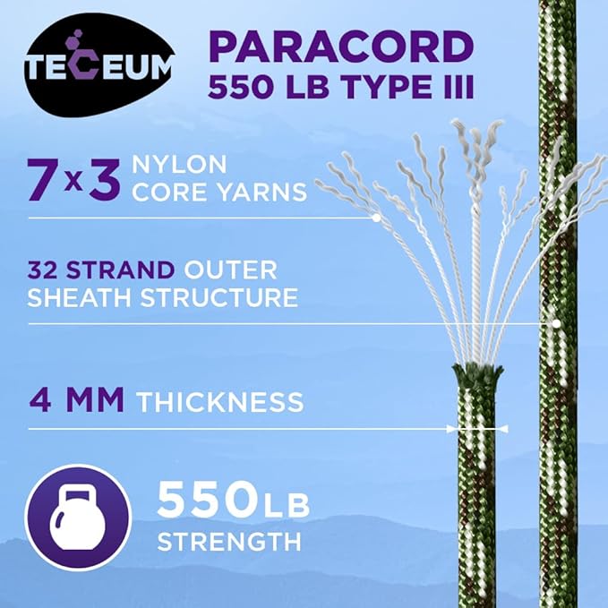TECEUM Reflective Paracord Rope 1000 – 1000ft/200ft/100ft/50ft – 40+ Colors – Glow in The Dark – para Cord – Utility Rope for Survival, Hunting & Camping Gear – Nylon String, Camping Rope, Tent Cord